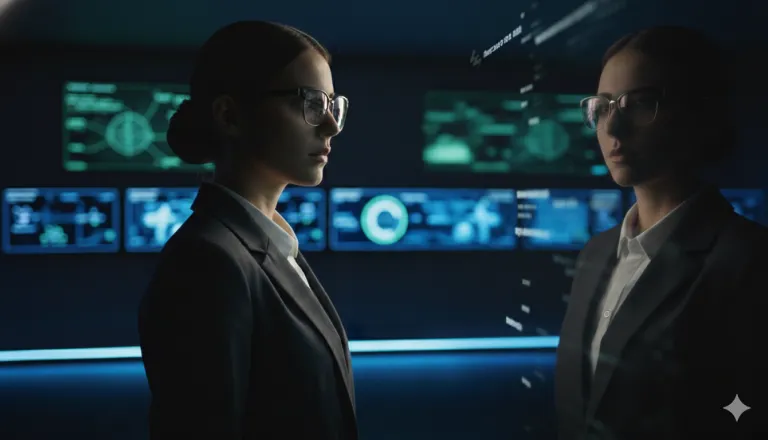 mujer en una sala de tecnología viendo su reflejo en un vidrio